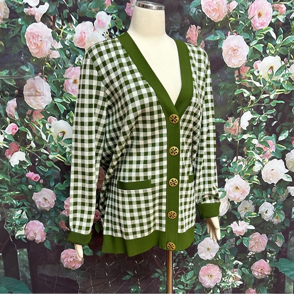Tory Burch Simone Green Gingham Cardigan - Picture 6 of 7